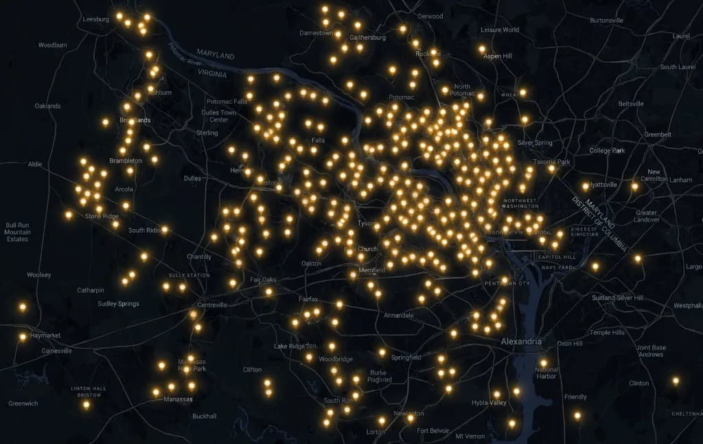 DMV map showing where Light DMV has installed lighting across DC, Maryland, and Virginia