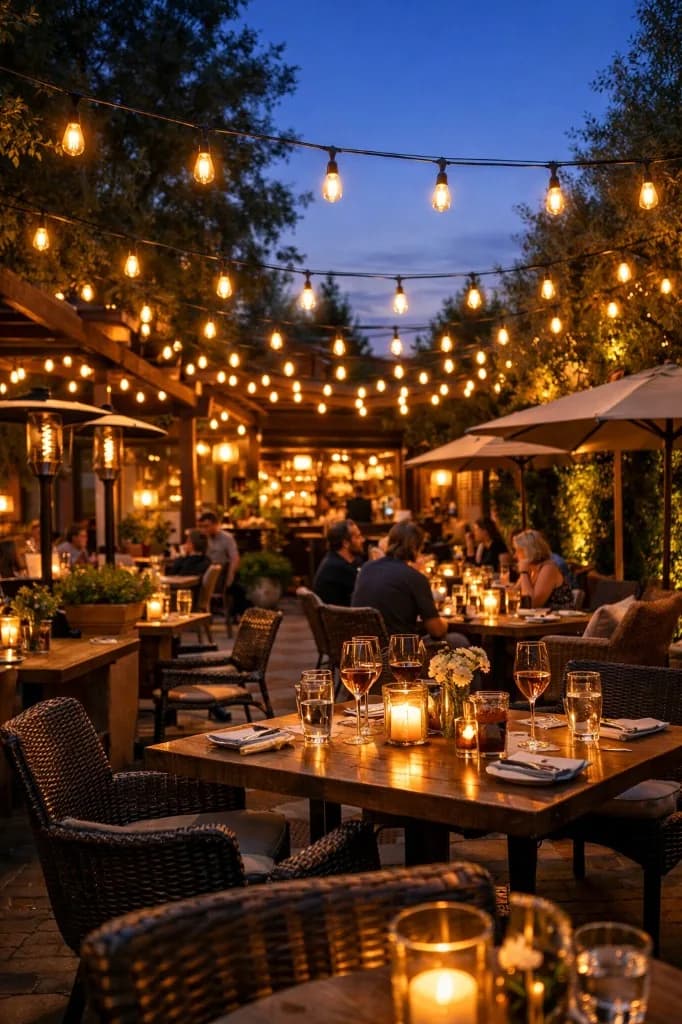 Outdoor evening event with warm string and bistro lighting