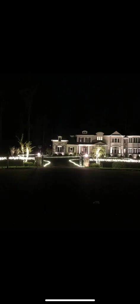 Christmas light installation in the DMV — pathway lighting along a large estate driveway