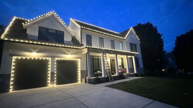 Christmas light installation in the DMV — warm white lights and tree wrap near the driveway