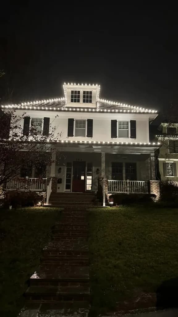 Christmas light installation in the DMV — illuminated tree and classic roofline at night