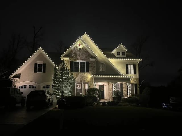 Christmas light installation in the DMV — warm white landscape lighting on a long driveway