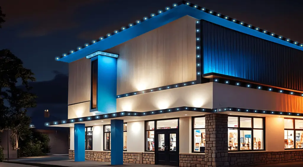 Permanent LED roofline on a storefront in a cyan-blue corporate wash — LightDMV