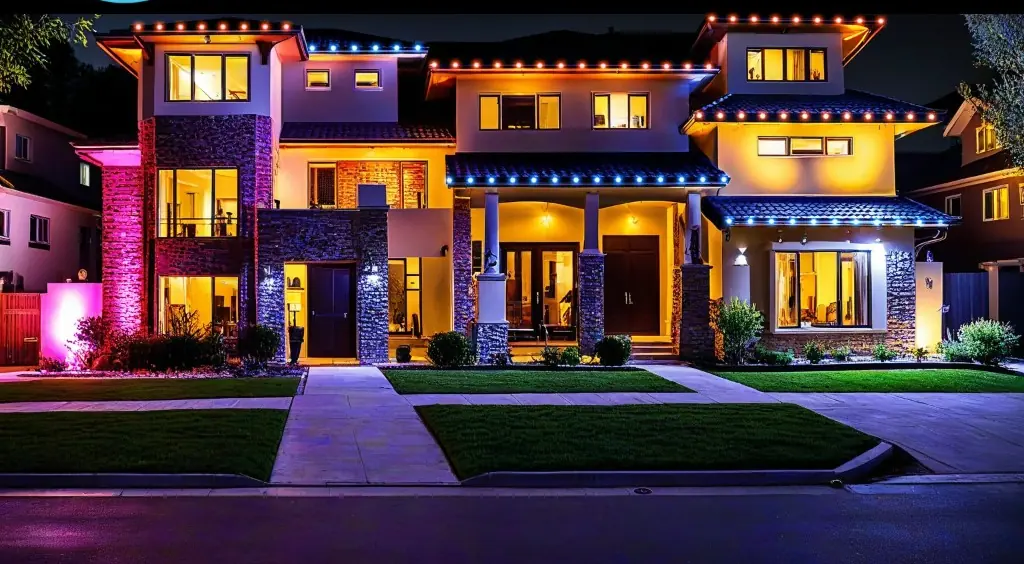 Full-color RGB permanent LED roofline on an estate — multi-color game-day mode — LightDMV