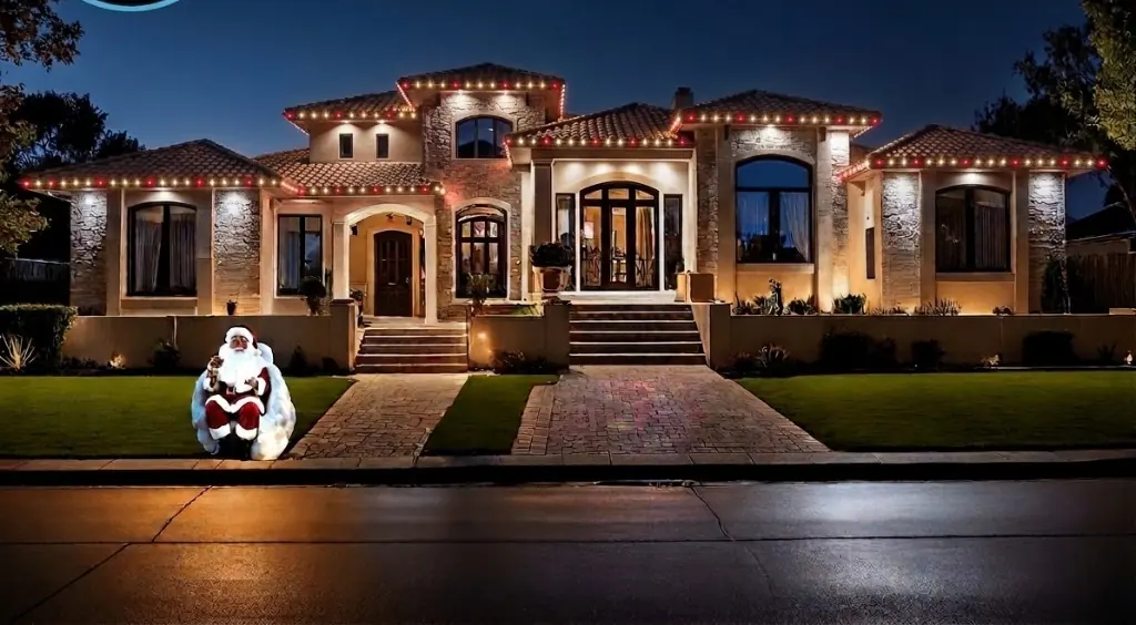 Warm-white permanent LED roofline with holiday red accents on an estate — LightDMV