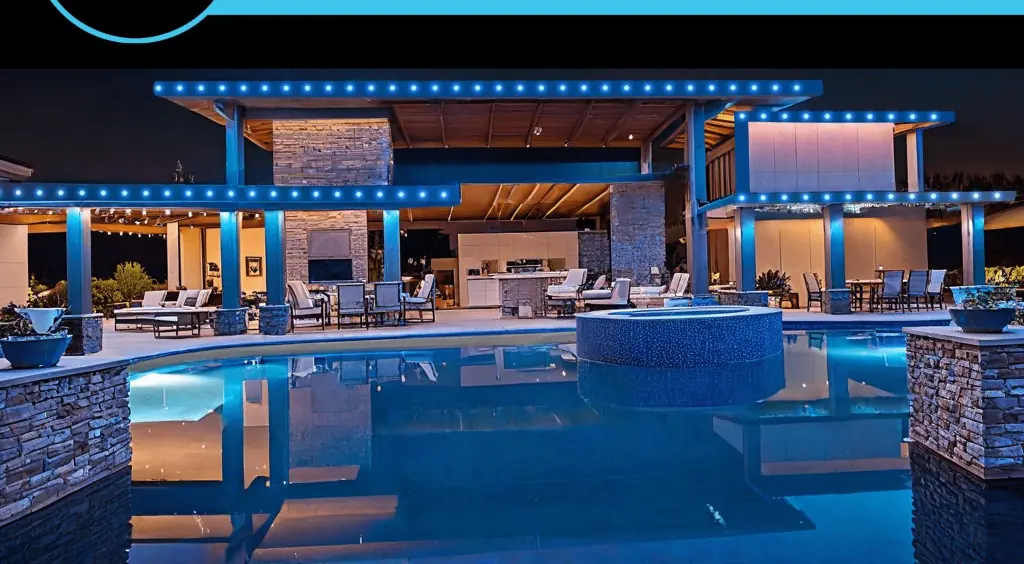Backyard pool & pergola in cyan-blue permanent LED accent lighting — LightDMV