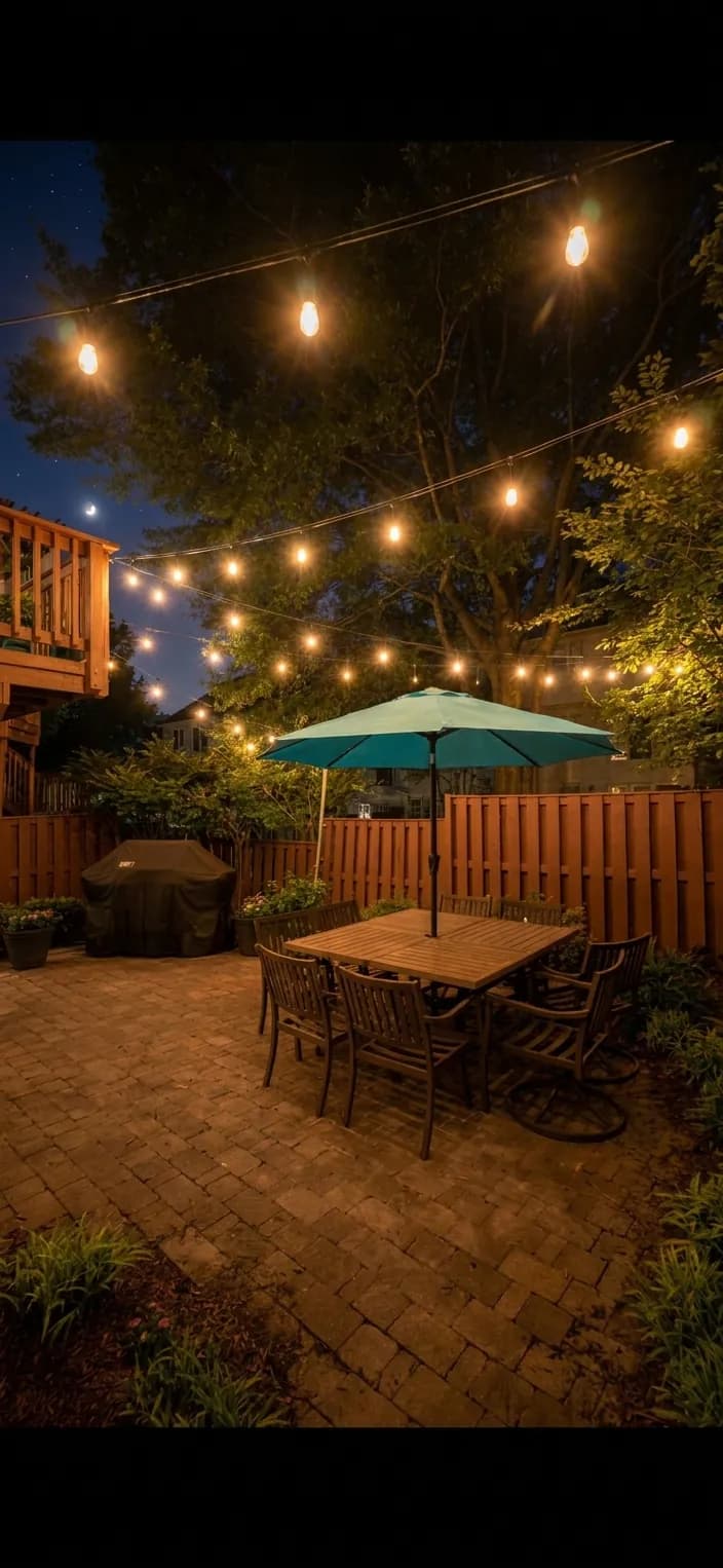 Bistro string lights glowing over an outdoor event space at night in the DMV by Light DMV