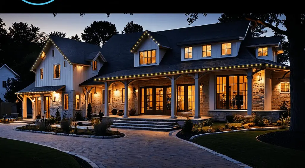 Warm-white permanent LED roofline on a modern home — security & accent mode — LightDMV