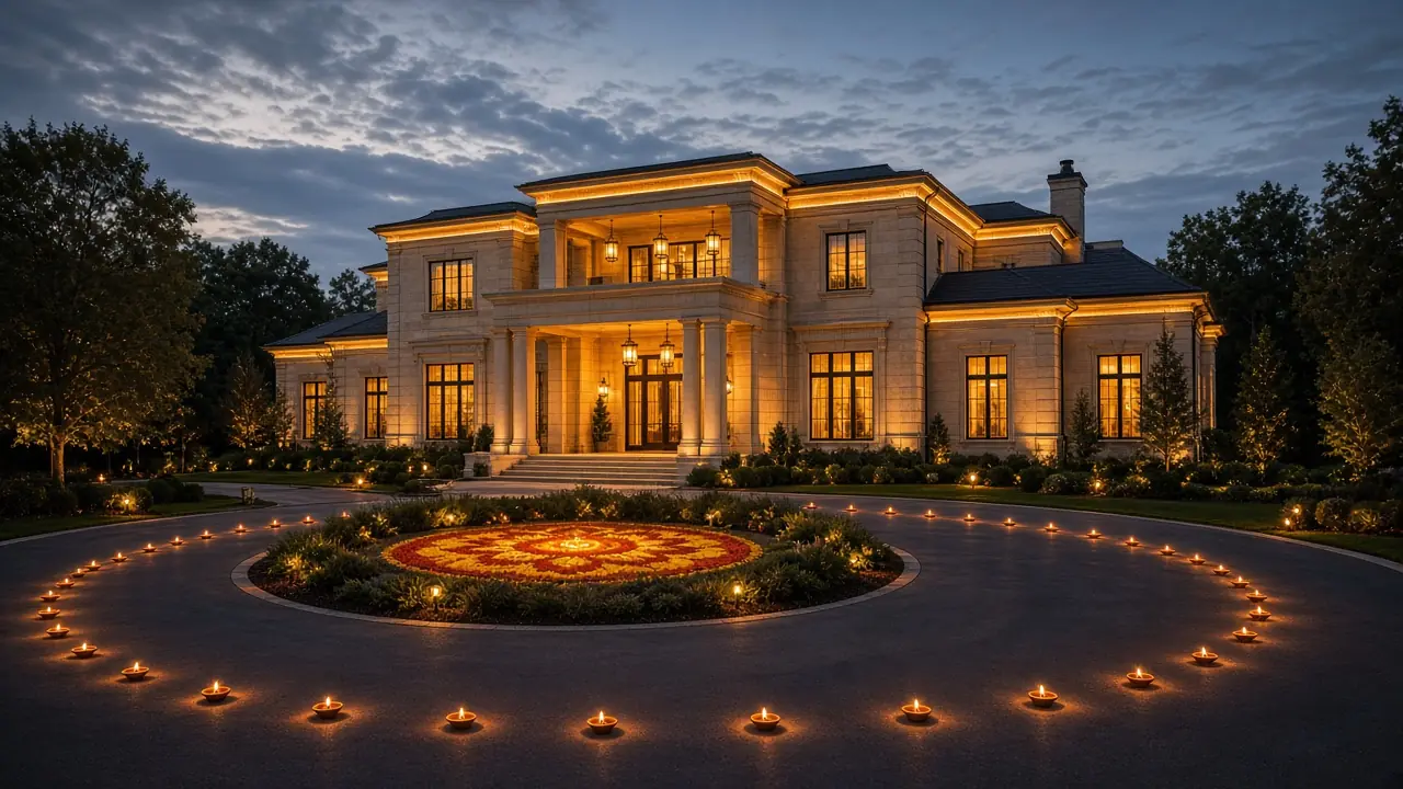 Diwali light installation in Aldie, VA by Light DMV — dusk roofline hero with gold-amber LED