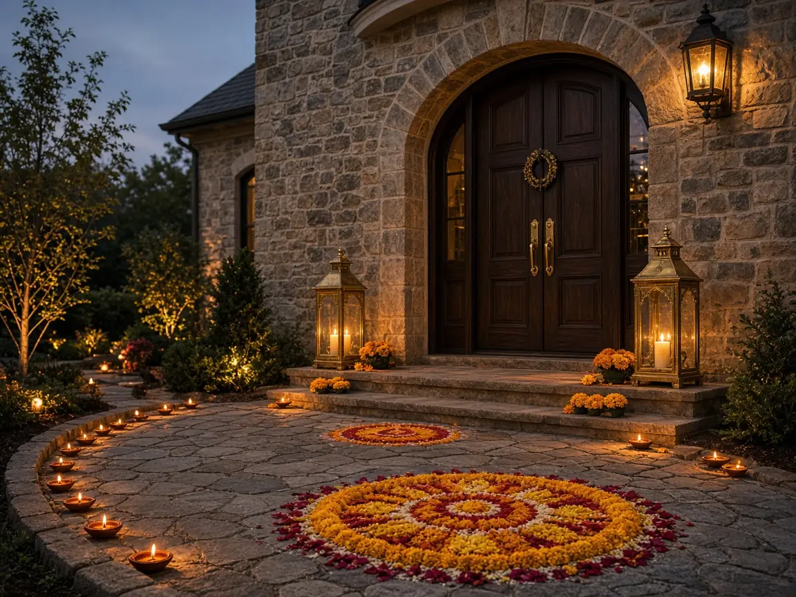 Diwali light installation in Aldie, VA by Light DMV — amber tree wraps beside the home