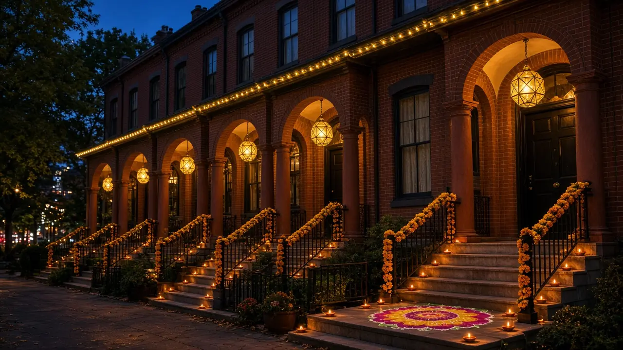 Diwali light installation in Arlington, VA by Light DMV — dusk roofline hero with gold-amber LED