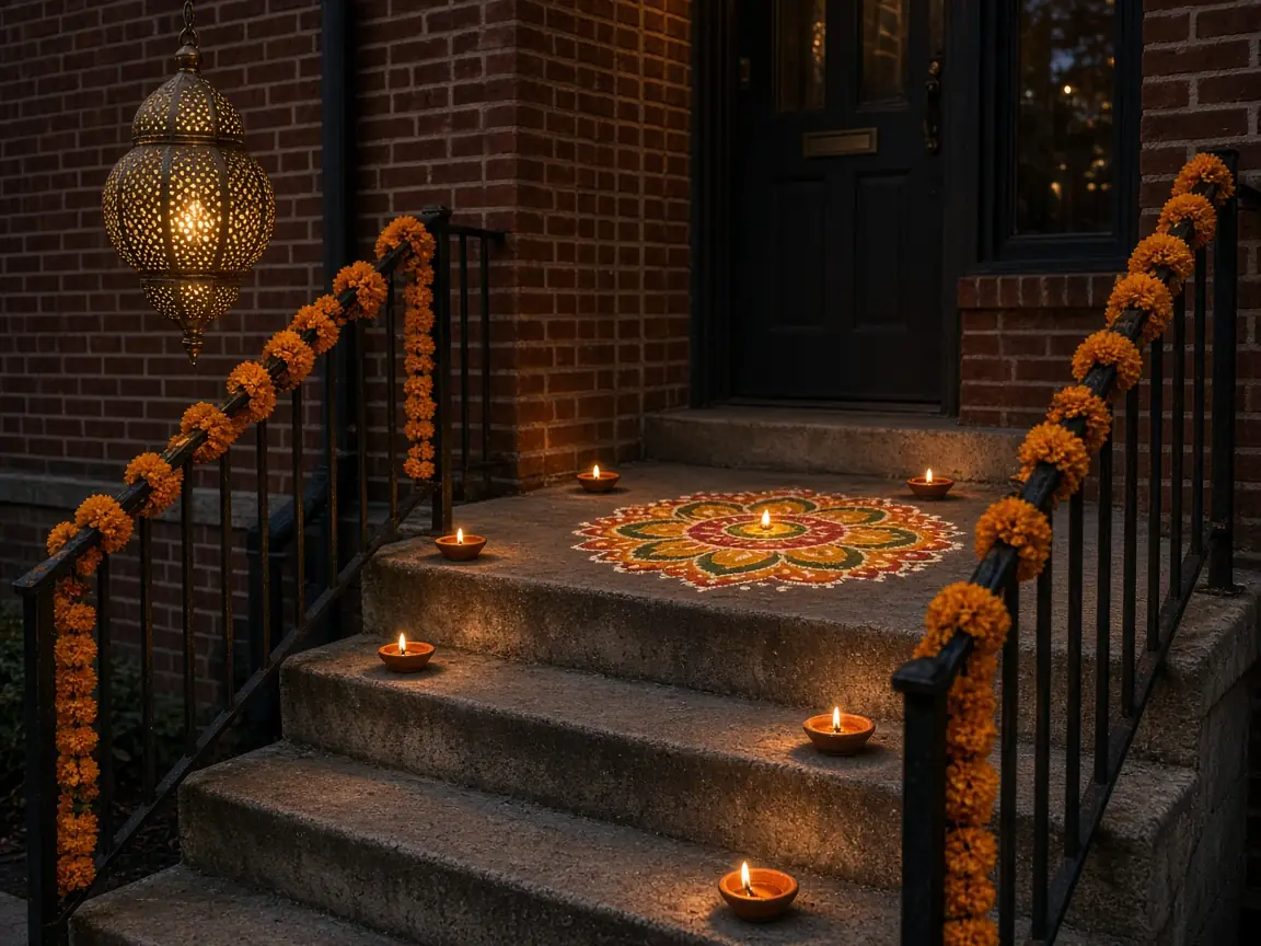 Diwali light installation in Arlington, VA by Light DMV — amber tree wraps beside the home