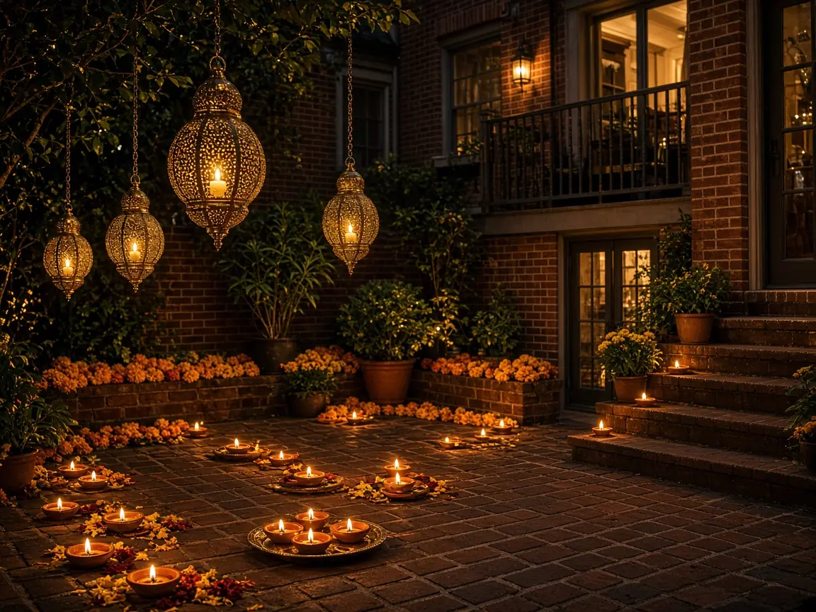 Diwali light installation in Arlington, VA by Light DMV — front entry hanging lanterns