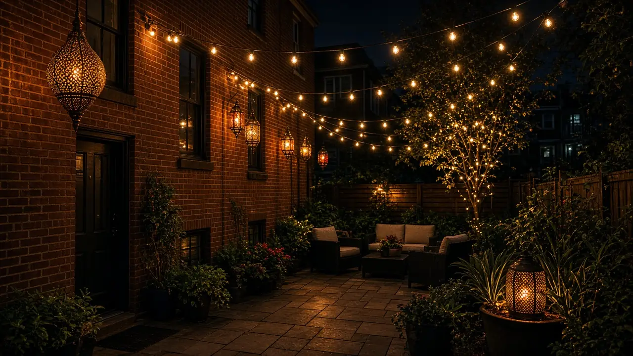 Diwali light installation in Arlington, VA by Light DMV — backyard patio lantern glow