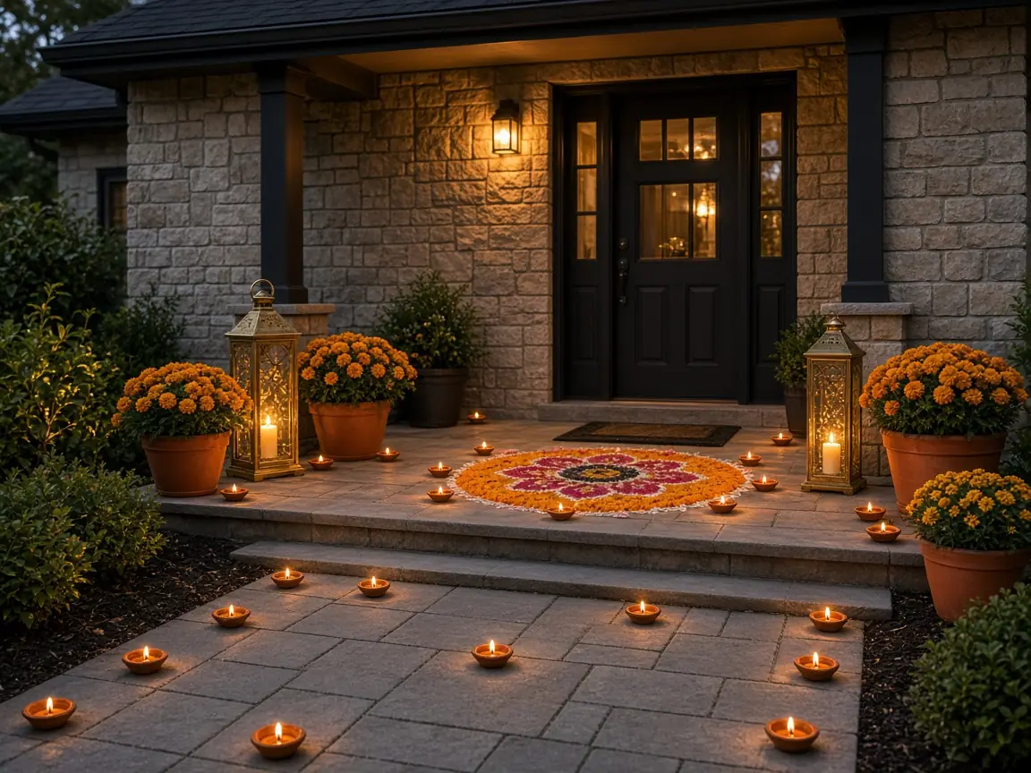 Diwali light installation in Ashburn, VA by Light DMV — amber tree wraps beside the home