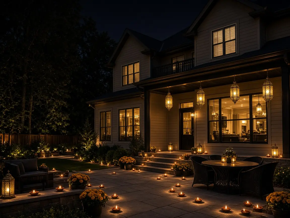Diwali light installation in Ashburn, VA by Light DMV — front entry hanging lanterns