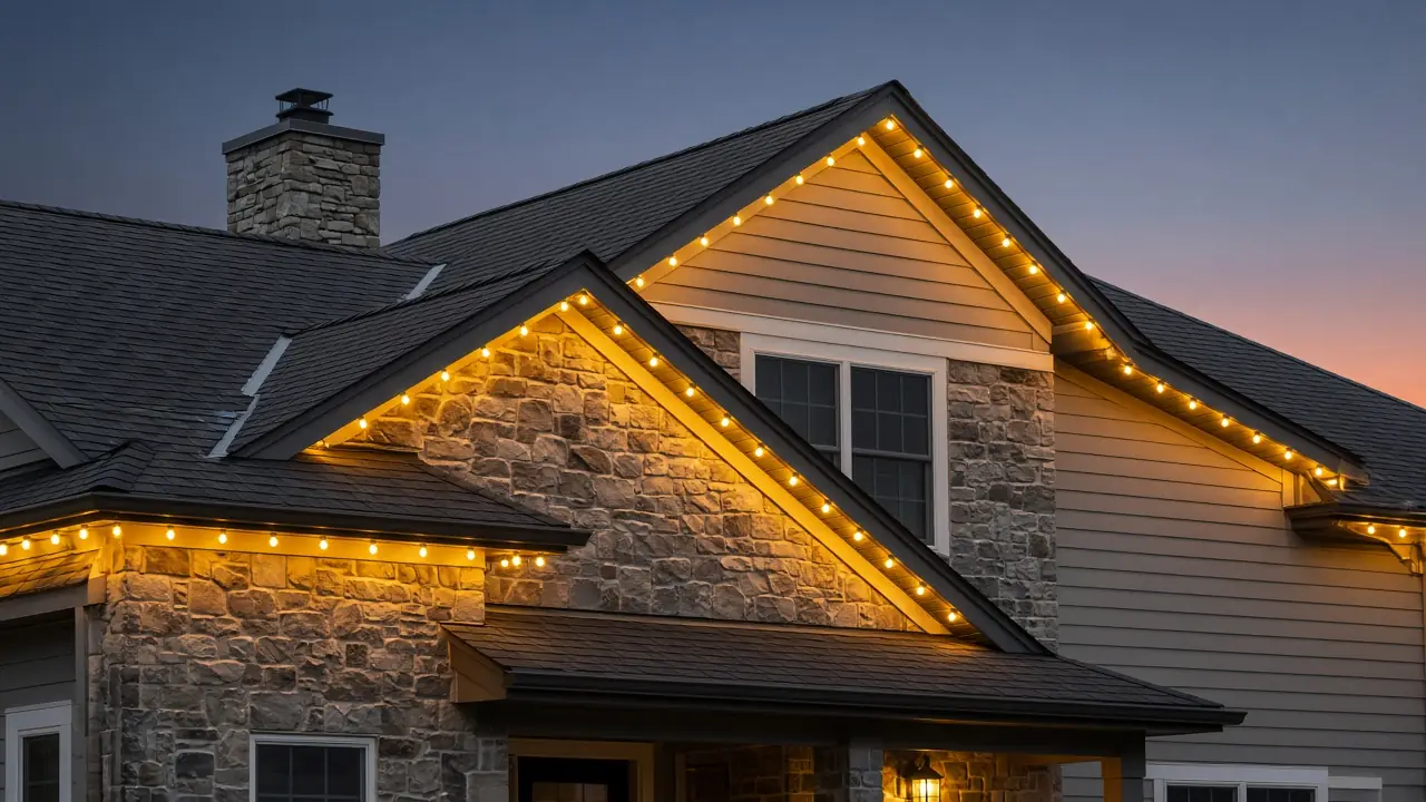 Diwali light installation in Ashburn, VA by Light DMV — gold LED roofline close-up