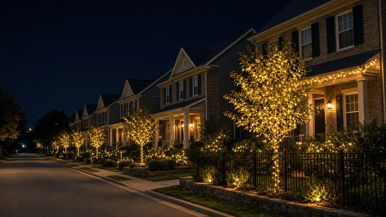 Diwali light installation in Ashburn, VA by Light DMV — neighborhood street at night