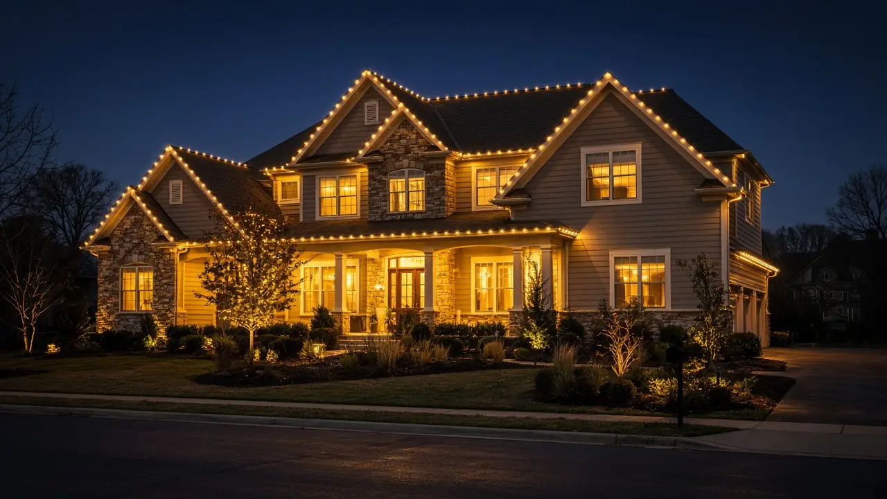 Diwali light installation in Ashburn, VA by Light DMV — full-home Festival of Lights install