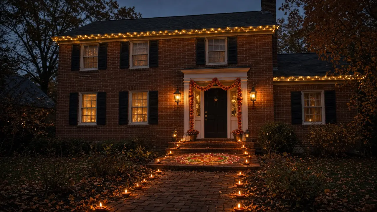 Diwali light installation in Fairfax, VA by Light DMV — dusk roofline hero with gold-amber LED