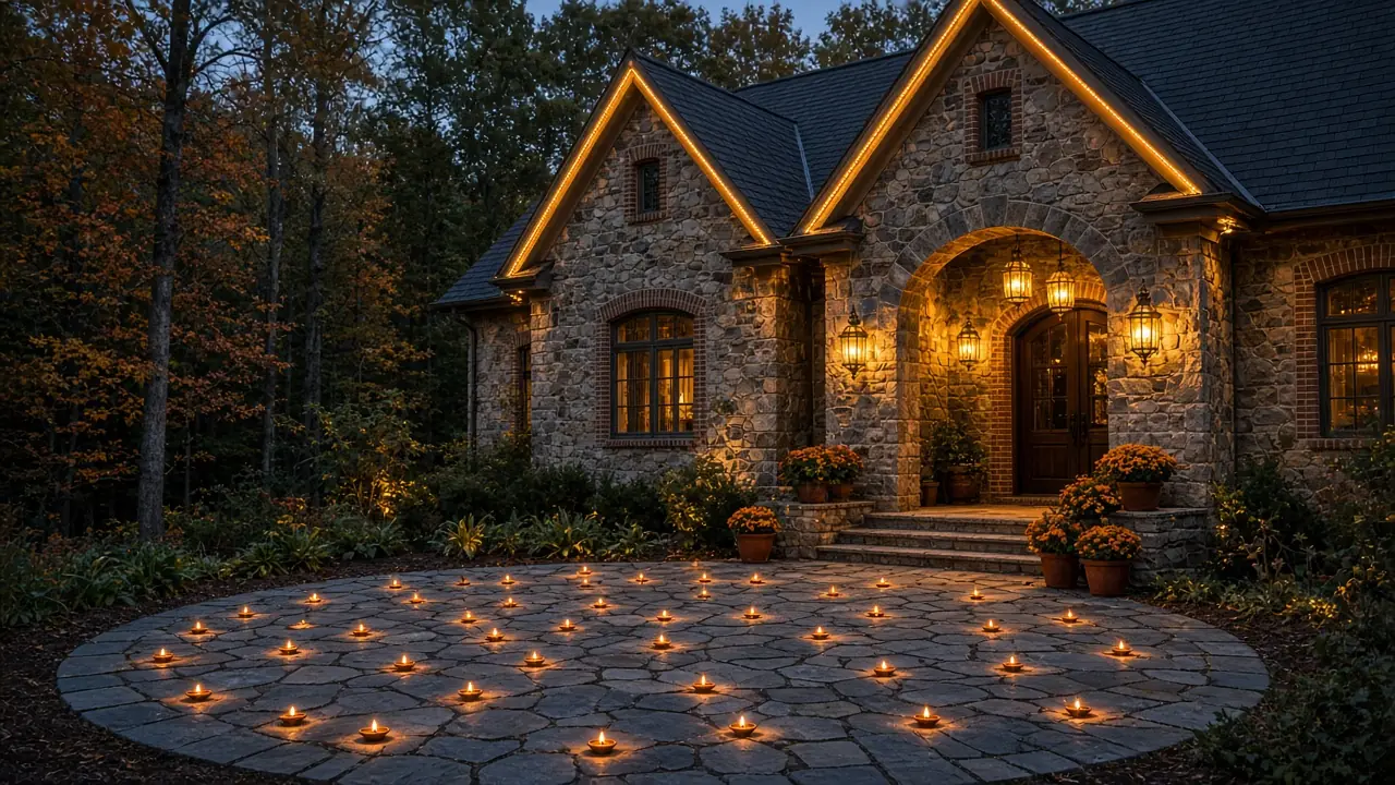 Diwali light installation in Great Falls, VA by Light DMV — dusk roofline hero with gold-amber LED