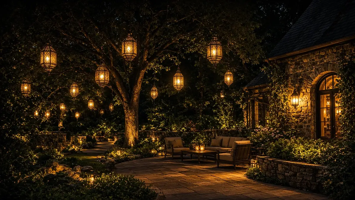 Diwali light installation in Great Falls, VA by Light DMV — backyard patio lantern glow