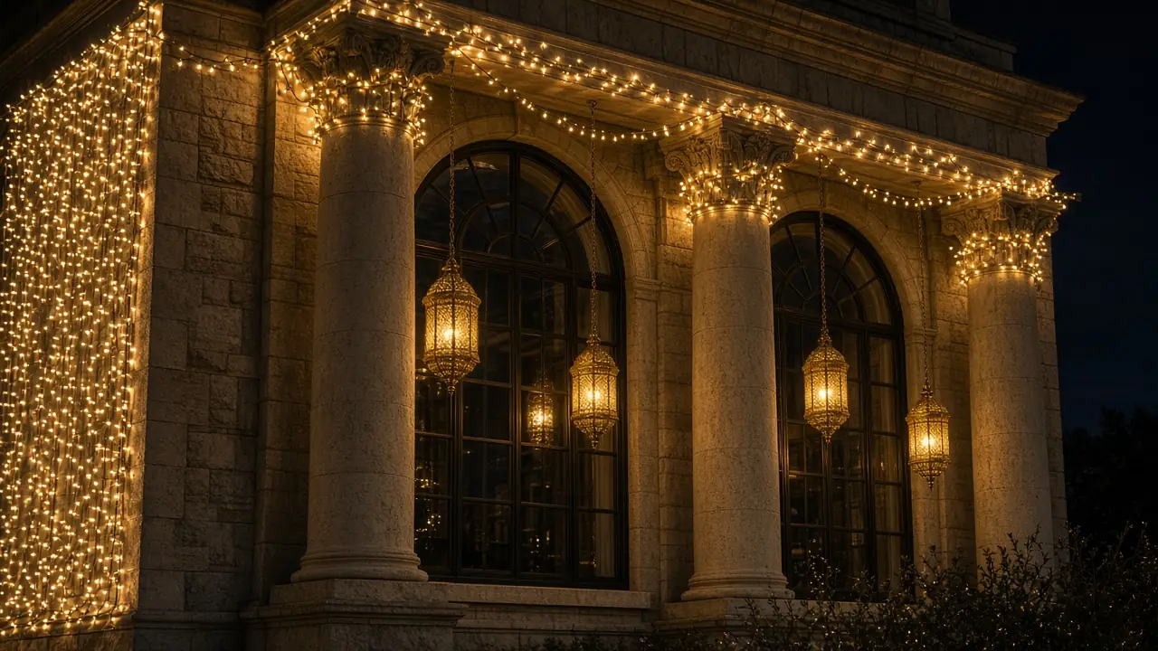 Diwali light installation in Great Falls, VA by Light DMV — porch and window facade detail