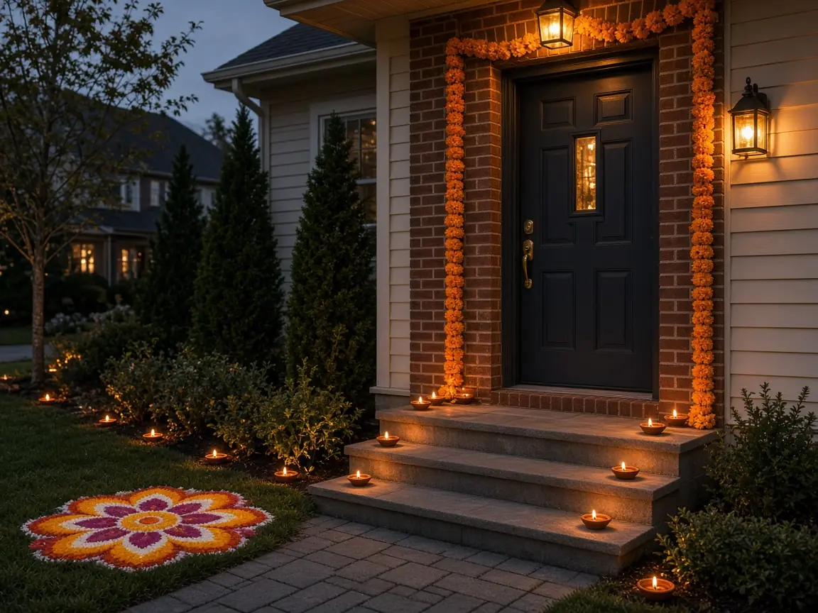 Diwali light installation in Herndon, VA by Light DMV — amber tree wraps beside the home