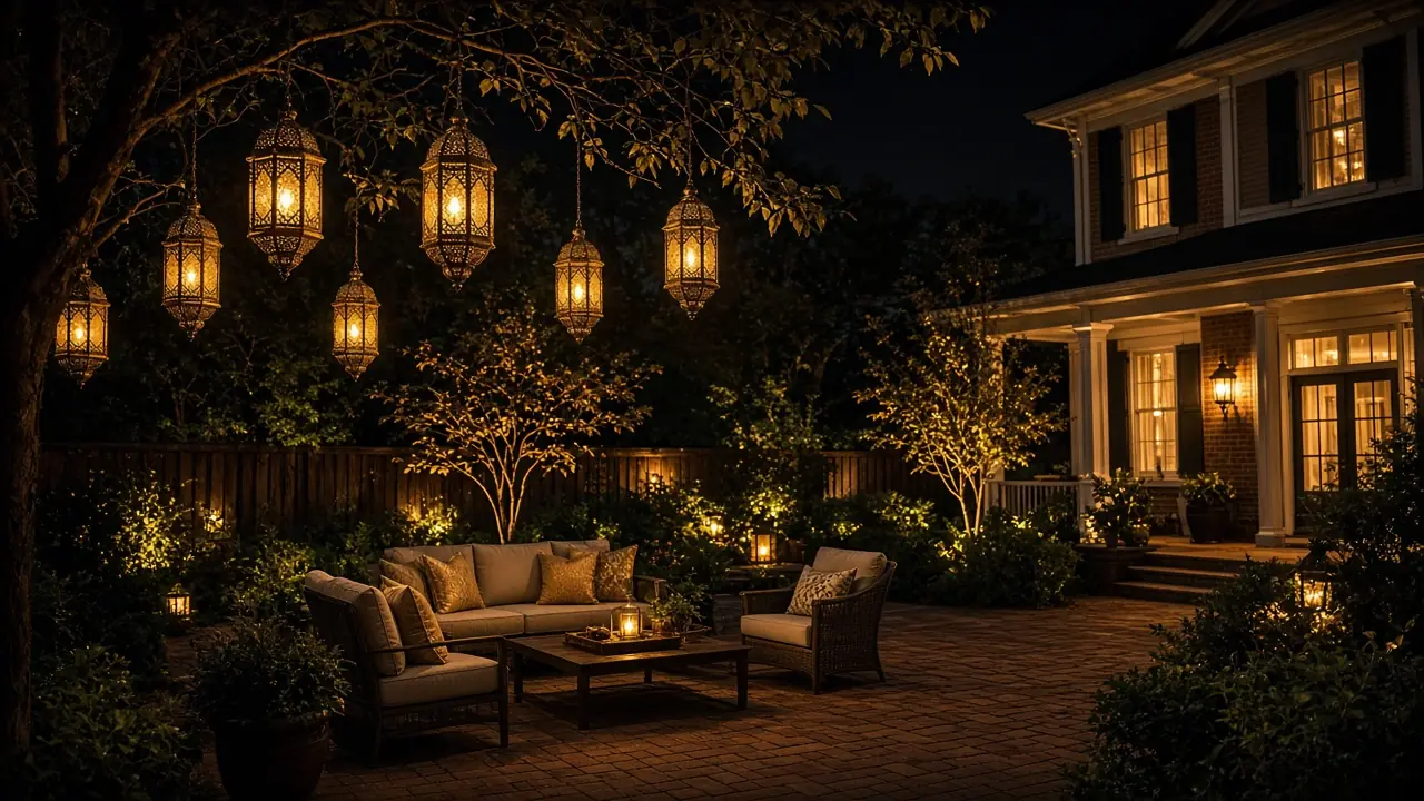 Diwali light installation in Herndon, VA by Light DMV — backyard patio lantern glow