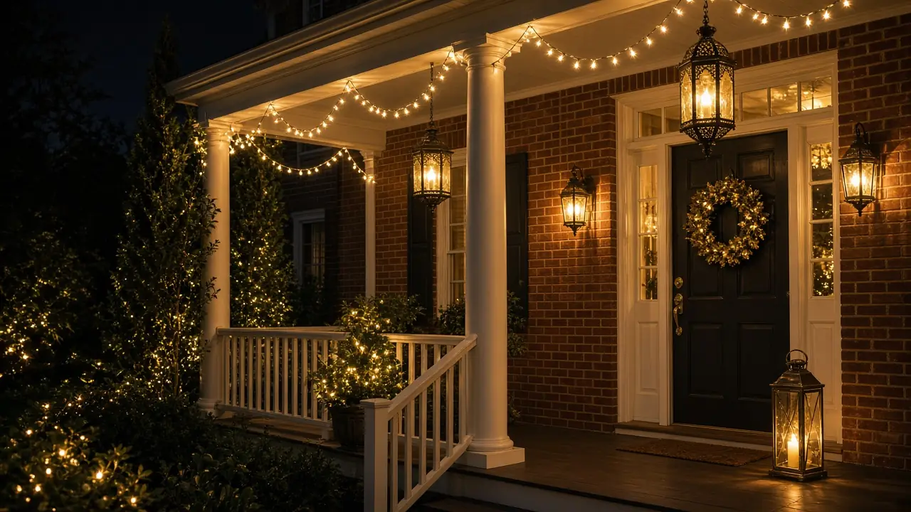 Diwali light installation in Herndon, VA by Light DMV — porch and window facade detail