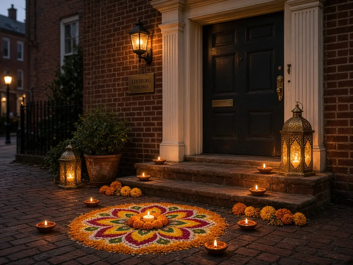 Diwali light installation in Leesburg, VA by Light DMV — amber tree wraps beside the home