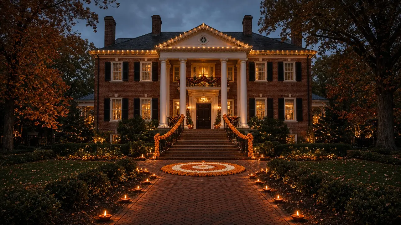 Diwali light installation in McLean, VA by Light DMV — dusk roofline hero with gold-amber LED
