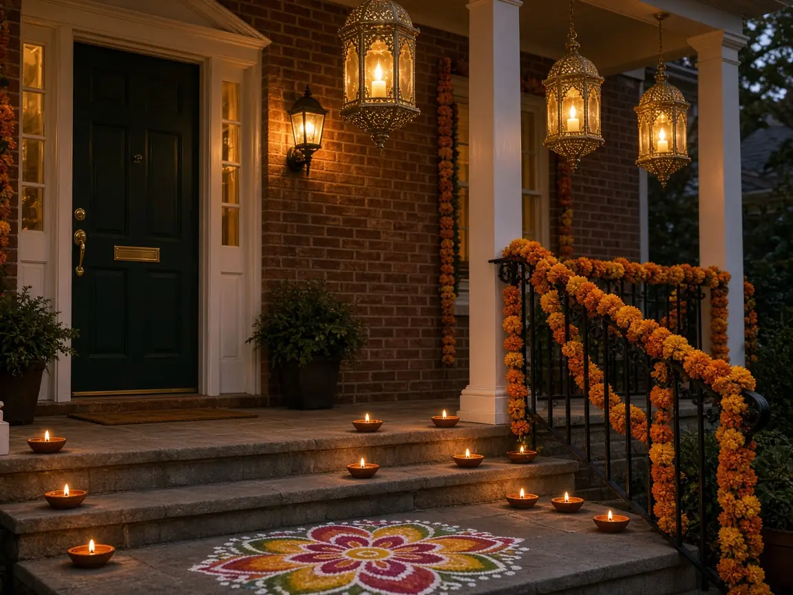 Diwali light installation in McLean, VA by Light DMV — amber tree wraps beside the home