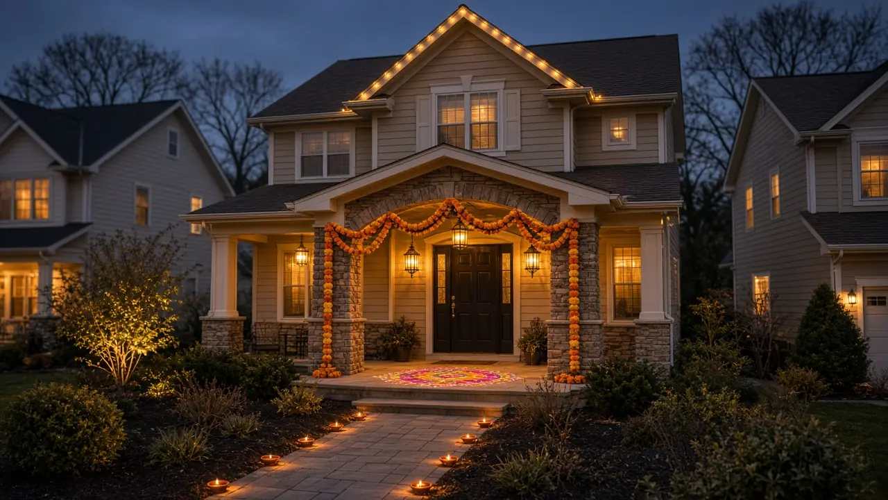 Diwali light installation in South Riding, VA by Light DMV — dusk roofline hero with gold-amber LED