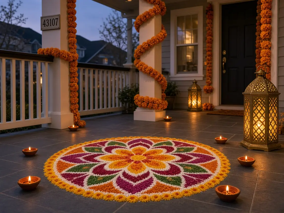 Diwali light installation in South Riding, VA by Light DMV — amber tree wraps beside the home