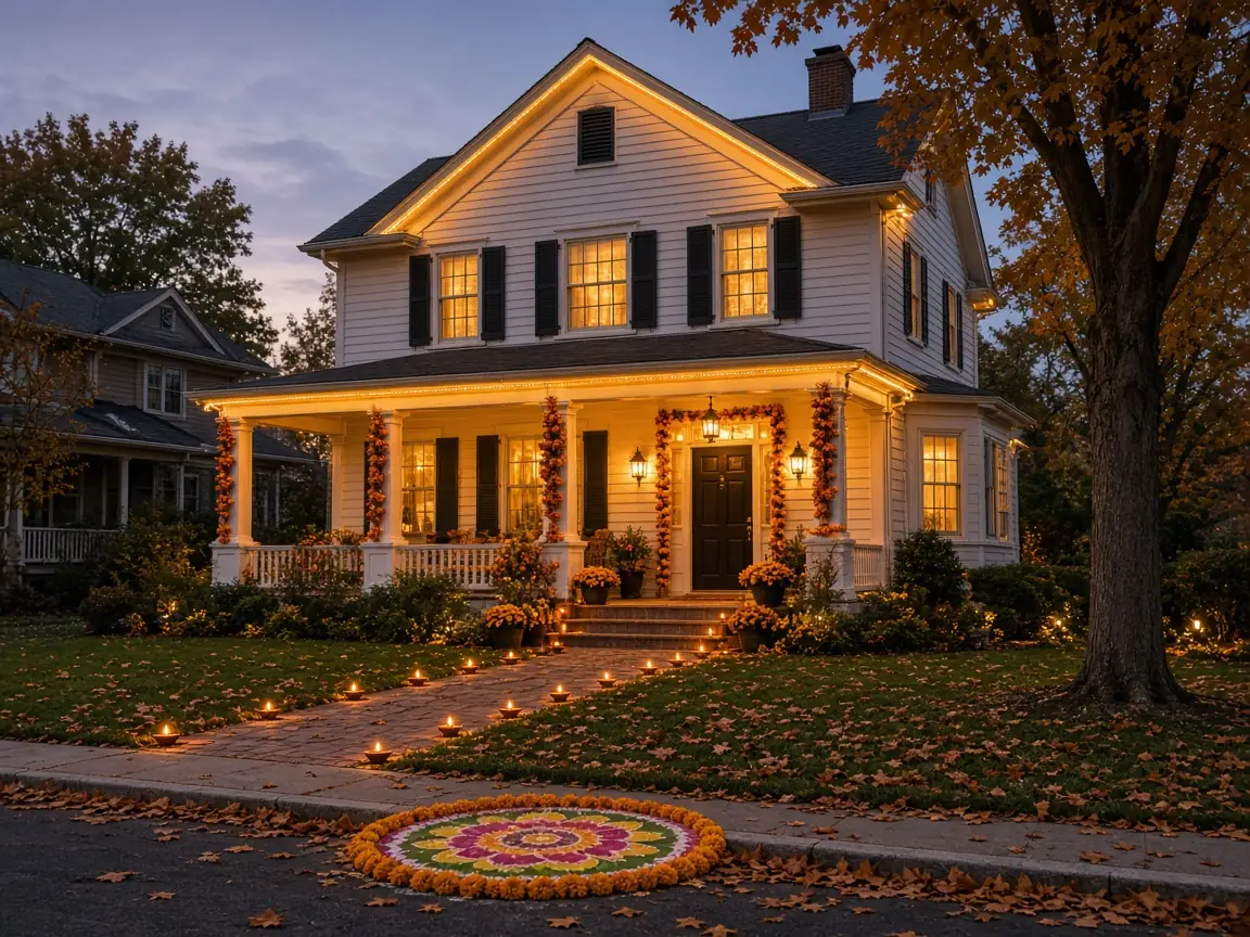 Diwali light installation in Vienna, VA by Light DMV — front entry hanging lanterns