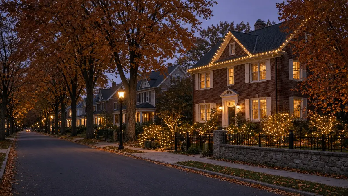 Diwali light installation in Vienna, VA by Light DMV — driveway approach at dusk
