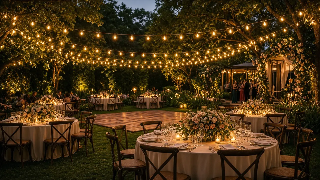 Wedding reception under warm bistro string lights in the DMV by Light DMV