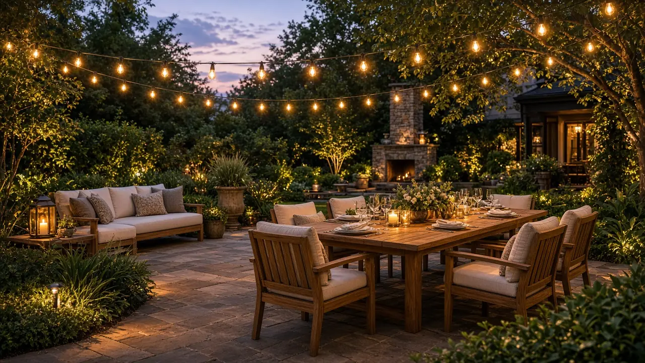Permanent backyard bistro string canopy at night in the DMV by Light DMV