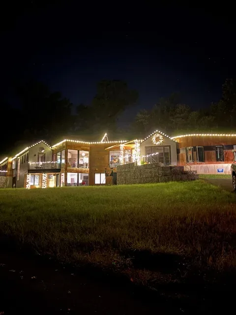 Christmas light installation in the DMV — warm white roofline and landscape accents