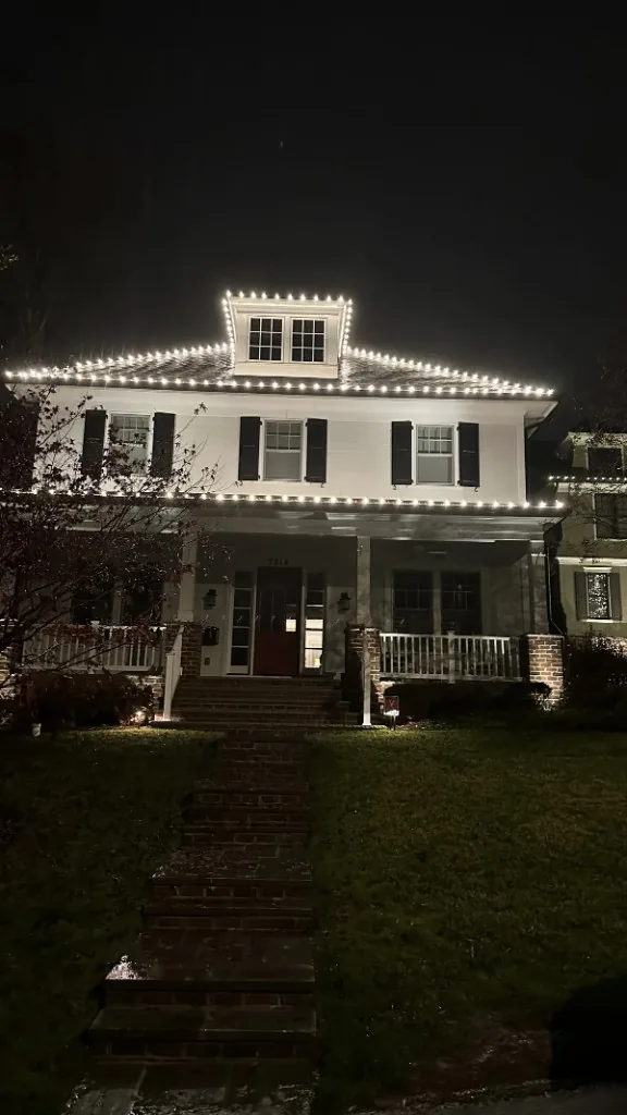 Christmas light installation in the DMV — illuminated tree and classic roofline at night